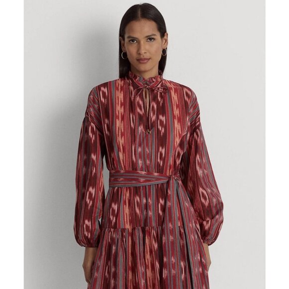 Lauren Ralph Lauren Geo Stripe Belted Cotton Voile Dress Boho Southwestern - Picture 3 of 12